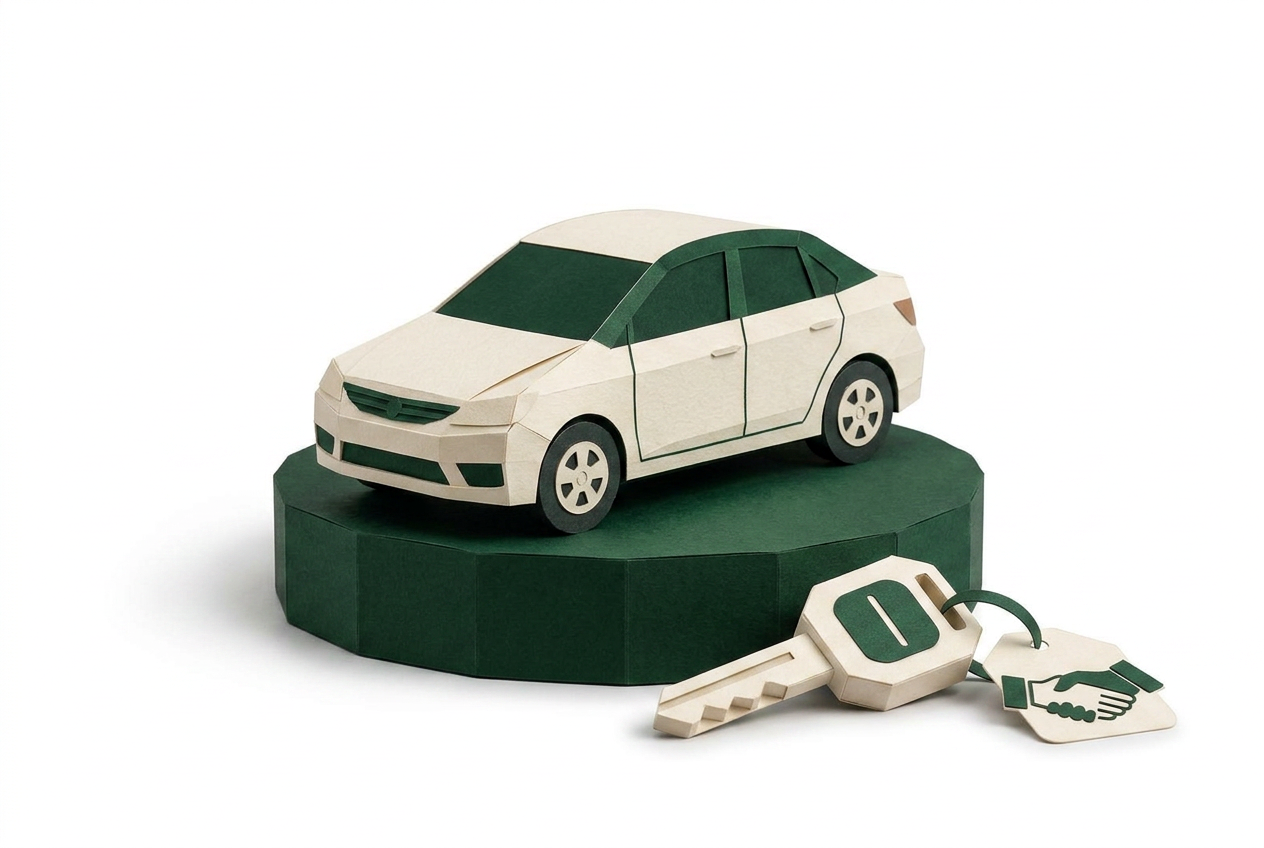 Drivix - papercraft auto op podium met sleutel en handdruk, symbool voor betrouwbare B2B autohandel